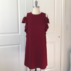 Red Ruffle Cold Shoulder Tunic Midi Cocktail Dress